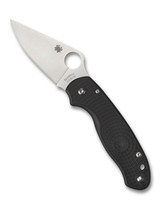 Spyderco Para 3 folding knife with thumb hole - shown open presentation side.  Satin CTS-BD1N stainless steel plain edge blade.  Black FRN handle.  Model C223PBK.