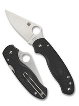 Spyderco Para 3 folding knife with thumb hole - shown open presentation side and closed pocket clip side.  Satin CTS-BD1N stainless steel plain edge blade.  Black FRN handle.  Model C223PBK.