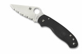 Spyderco Para 3 Salt folding knife with thumb hole - shown open presentation side.  Satin CTS-BD1N stainless steel serrated edge blade.  Black FRN handle.  Model C223SBK.