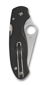 Spyderco Para 3 Salt folding knife with thumb hole - shown closed pocket clip side.  Satin CTS-BD1N stainless steel serrated edge blade.  Black FRN handle.  Model C223SBK.