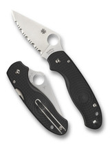 Spyderco Para 3 Salt folding knife with thumb hole - shown open presentation side and closed pocket clip side.  Satin CTS-BD1N stainless steel serrated edge blade.  Black FRN handle.  Model C223SBK.