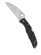 Spyderco Endura 4 folding knife with thumb hole - shown open presentation side.  Satin VG-10 stainless steel, wharncliffe style, plain edge blade.  Black FRN handle.  Model C10FPWCBK.