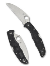 Spyderco Endura 4 folding knife with thumb hole - shown open presentation side and closed pocket clip side.  Satin VG-10 stainless steel, wharncliffe style, plain edge blade.  Black FRN handle.  Model C10FPWCBK.
