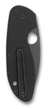Spyderco Efficient folding knife with thumb hole - shown closed lock side.  Black 8Cr13MoV stainless steel plain edge blade.  Black G-10 handle.  Model C216GPBBK.