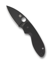 Spyderco Efficient folding knife with thumb hole - shown open presentation side.  Black 8Cr13MoV stainless steel plain edge blade.  Black G-10 handle.  Model C216GPBBK.