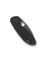 Spyderco Efficient folding knife with thumb hole - shown closed lock side.  Black 8Cr13MoV stainless steel plain edge blade.  Black G-10 handle.  Model C216GPBBK.