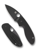 Spyderco Efficient folding knife with thumb hole - shown open presentation side and closed lock side.  Black 8Cr13MoV stainless steel plain edge blade.  Black G-10 handle.  Model C216GPBBK.