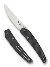 Spyderco Ikuchi folding knife with blade hole and flipper - shown open presentation side and closed pocket clip side.  Satin S30V stainless steel plain edge blade.  Black carbon fiber and G-10 laminate handle.  Model C242CFP.