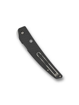 Spyderco Ikuchi folding knife with blade hole and flipper - shown closed pocket clip side.  Satin S30V stainless steel plain edge blade.  Black carbon fiber and G-10 laminate handle.  Model C242CFP.