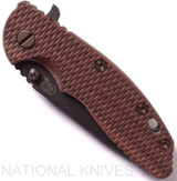 Rick Hinderer Knives Vintage Series XM-18 3.5" Spear Point folding knife with thumb stud and flipper tab - shown closed presentation side.  Black O-1 steel plain edge blade.  Textured Walnut handle with Battle Green lock side.  Model K2082SWPK.
For reference only.