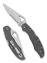 Byrd Knives Cara Cara 2 folding knife with thumb slot - shown both open presentation side and closed pocket clip side. Satin 8Cr13MoV stainless steel combo edge blade. Gray FRN handle. Model BY03PSGY2. Byrd Knives Cara Cara 2 folding knife with thumb slot - shown both open presentation side and closed pocket clip side. Satin 8Cr13MoV stainless steel combo edge blade. Gray FRN handle. Model BY03PSGY2.