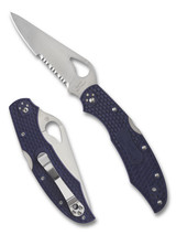 Byrd Knives Cara Cara 2 folding knife with thumb slot - shown both open presentation side and closed pocket clip side.  Satin 8Cr13MoV stainless steel combo edge blade.  Blue FRN handle.  Model BY03PSBL2.
For reference only.
