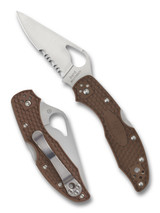 Byrd Knives Meadowlark 2 folding knife with thumb slot - shown both open presentation side and closed pocket clip side.  Satin 8Cr13MoV stainless steel combo edge blade.  Brown FRN handle.  Model BY04PSBN2.
For reference only.