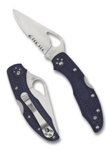 Byrd Knives Meadowlark 2 folding knife with thumb slot - shown both open presentation side and closed pocket clip side.  Satin 8Cr13MoV stainless steel combo edge blade.  Blue FRN handle.  Model BY04PSBL2.
For reference only.
