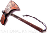 RMJ Tactical Custom Valhalla Kestrel Tomahawk with Triskelle pattern - shown in sheath reverse.  80CRV2 steel plain edge head.  Brown Micarta handle scales.  
For reference only.