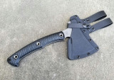 RMJ Tactical Little Bird 18 camp style axe - shown in sheath obverse.  Tungsten Cerakote 52100 steel plain edge head.  Black G-10 handle.
For reference only. RMJ Tactical Little Bird 18 camp style axe - shown in sheath obverse.  Tungsten Cerakote 52100 steel plain edge head.  Black G-10 handle.
For reference only.