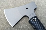 RMJ Tactical Little Bird 18 camp style axe - close up of reverse head shown out of sheath.  Tungsten Cerakote 52100 steel plain edge head.  Black G-10 handle.
For reference only. RMJ Tactical Little Bird 18 camp style axe - close up of reverse head shown out of sheath.  Tungsten Cerakote 52100 steel plain edge head.  Black G-10 handle.
For reference only.
