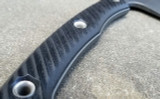 RMJ Tactical Little Bird 18 camp style axe - close up of obverse handle shown.  Tungsten Cerakote 52100 steel plain edge head.  Black G-10 handle.
For reference only. RMJ Tactical Little Bird 18 camp style axe - close up of obverse handle shown.  Tungsten Cerakote 52100 steel plain edge head.  Black G-10 handle.
For reference only.
