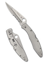 Spyderco Police folding knife with thumb hole - shown both open presentation side and closed pocket clip side. Satin VG-10 stainless steel combo edge blade. Stainless steel handle. Model C07PS. Spyderco Police folding knife with thumb hole - shown both open presentation side and closed pocket clip side. Satin VG-10 stainless steel combo edge blade. Stainless steel handle. Model C07PS.