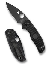 Spyderco Native 5 folding knife with thumb hole - shown open presentation side and closed pocket clip side.  Black S30V stainless steel plain edge blade.  Black FRN handle.  Model C41PBBK5.