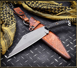 REFERENCE ONLY - RMJ Tactical Combat Valhalla Seax Fixed Blade Knife, Nitro-V Plain Edge Blade, Black G-10 Handle, Leather Sheath