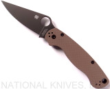 Spyderco Paramilitary 2 SSI/Moteng Exclusive folding knife with thumb hole - shown open presentation side.  Black S35VN stainless steel plain edge blade.  Brown G-10 handle.  Model C81GPBNBK2.
For reference only.