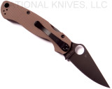 Spyderco Paramilitary 2 SSI/Moteng Exclusive folding knife with thumb hole - shown open pocket clip side.  Black S35VN stainless steel plain edge blade.  Brown G-10 handle.  Model C81GPBNBK2.
For reference only.
