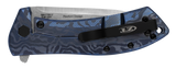 Zero Tolerance 0801TIBLU folding knife with flipper tab - closed - lock side.  Satin M390 stainless steel plain edge blade.  Blue titanium handle.  Model 0801TIBLU.  
For reference only.