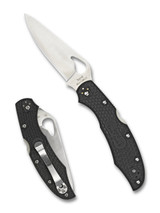 Byrd Cara Cara 2 folding knife with thumb slot - shown both open presentation side and closed pocket clip side.  Satin 8Cr13MoV stainless steel plain edge blade.  Black FRN handle.  Model BY03PBK2.