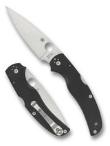 Spyderco Native Chief folding knife with thumb hole - shown open presentation side and closed pocket clip side.  Satin S30V stainless steel plain edge blade.  Black G-10 handle.  Model C244GP.