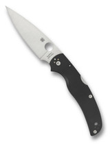 Spyderco Native Chief folding knife with thumb hole - shown open presentation side.  Satin S30V stainless steel plain edge blade.  Black G-10 handle.  Model C244GP.
