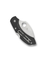 Spyderco Dragonfly 2 folding knife with thumb hole - shown closed pocket clip side.  Satin VG-10 stainless steel, wharncliffe, plain edge blade.  Black FRN handle.  Model C28FPWCBK2.
