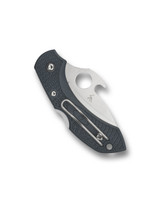 Spyderco Dragonfly 2 folding knife with thumb hole and Emerson Wave opener - shown closed pocket clip side.  Satin VG-10 stainless steel plain edge blade.  Gray FRN handle.  Model C28PGYW2.