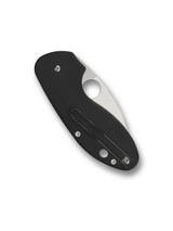 Spyderco Insistent folding knife with thumb hole - shown closed pocket clip side.  Satin 8Cr13MoV stainless steel plain edge blade.  Black G-10 handle.  Model C246GP.