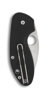 Spyderco Insistent folding knife with thumb hole - shown closed pocket clip side.  Satin 8Cr13MoV stainless steel combo edge blade.  Black G-10 handle.  Model C246GPS.