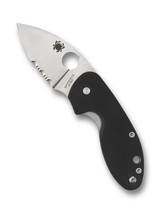 Spyderco Insistent folding knife with thumb hole - shown open presentation side.  Satin 8Cr13MoV stainless steel combo edge blade.  Black G-10 handle.  Model C246GPS.