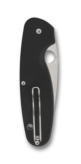 Spyderco Emphasis folding knife with thumb hole - shown closed pocket clip side.  Satin 8Cr13MoV stainless steel plain edge blade.  Black G-10 handle.  Model C245GP.