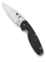 Spyderco Emphasis folding knife with thumb hole - shown open presentation side.  Satin 8Cr13MoV stainless steel plain edge blade.  Black G-10 handle.  Model C245GP.