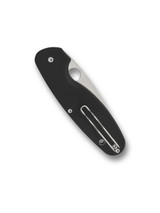 Spyderco Emphasis folding knife with thumb hole - shown closed pocket clip side.  Satin 8Cr13MoV stainless steel plain edge blade.  Black G-10 handle.  Model C245GP.