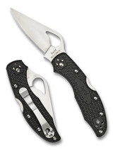 Byrd Knives Meadowlark 2 folding knife with thumb slot - shown both open presentation side and closed pocket clip side. Satin 8Cr13MoV stainless steel plain edge blade. Black FRN handle. Model BY04PBK2. Byrd Knives Meadowlark 2 folding knife with thumb slot - shown both open presentation side and closed pocket clip side. Satin 8Cr13MoV stainless steel plain edge blade. Black FRN handle. Model BY04PBK2.