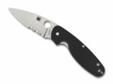 Spyderco Emphasis folding knife with thumb hole - shown open presentation side.  Satin 8Cr13MoV stainless steel combo edge blade.  Black G-10 handle.  Model C245GPS.