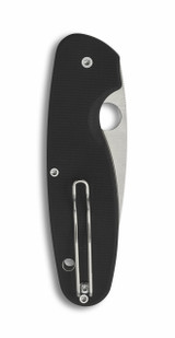 Spyderco Emphasis folding knife with thumb hole - shown closed pocket clip side.  Satin 8Cr13MoV stainless steel combo edge blade.  Black G-10 handle.  Model C245GPS.