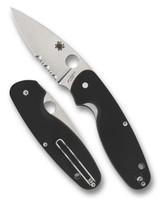 Spyderco Emphasis folding knife with thumb hole - shown open presentation side and closed pocket clip side.  Satin 8Cr13MoV stainless steel combo edge blade.  Black G-10 handle.  Model C245GPS.