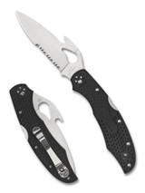 Byrd Knives Cara Cara 2 Emerson folding knife with thumb slot and Emerson Wave opener - shown both open presentation side and closed pocket clip side. Satin 8Cr13MoV stainless steel combo edge blade. Black FRN handle. Model BY03PSBK2W.
Byrd Knives Cara Cara 2 Emerson folding knife with thumb slot and Emerson Wave opener - shown both open presentation side and closed pocket clip side. Satin 8Cr13MoV stainless steel combo edge blade. Black FRN handle. Model BY03PSBK2W.