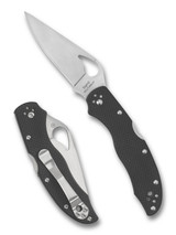 Byrd Harrier 2 folding knife with thumb slot - shown both open presentation side and closed pocket clip side.  Satin 8Cr13MoV stainless steel plain edge blade.  Black G-10 handle.  Model BY01GP2.
