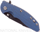 Rick Hinderer Knives XM-18 3.5" Harpoon Spanto folding knife with thumb stud and flipper tab - shown closed presentation side.  Black stonewash S35VN stainless steel plain edge blade.  Blue - black G-10 handle with stonewash black lock side.  Model K2552SGD00.