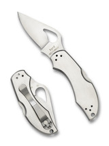 Byrd Knives Robin 2 folding knife with thumb slot - shown both open presentation side and closed pocket clip side. Satin 8Cr13MoV stainless steel plain edge blade. Stainless steel handle. Model BY10P2. Byrd Knives Robin 2 folding knife with thumb slot - shown both open presentation side and closed pocket clip side. Satin 8Cr13MoV stainless steel plain edge blade. Stainless steel handle. Model BY10P2.