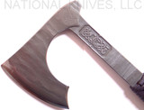 RMJ Tactical Custom Raven tomahawk - shown close up of head out of sheath reverse.  80CRV2 steel plain edge head.  Black cord-wrapped handle.
For reference only.