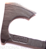 RMJ Tactical Custom Raven tomahawk - shown close up of head out of sheath obverse.  80CRV2 steel plain edge head.  Black cord-wrapped handle.
For reference only.
