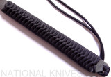 RMJ Tactical Custom Raven tomahawk - close up of handle.  80CRV2 steel plain edge head.  Black cord-wrapped handle.
For reference only.